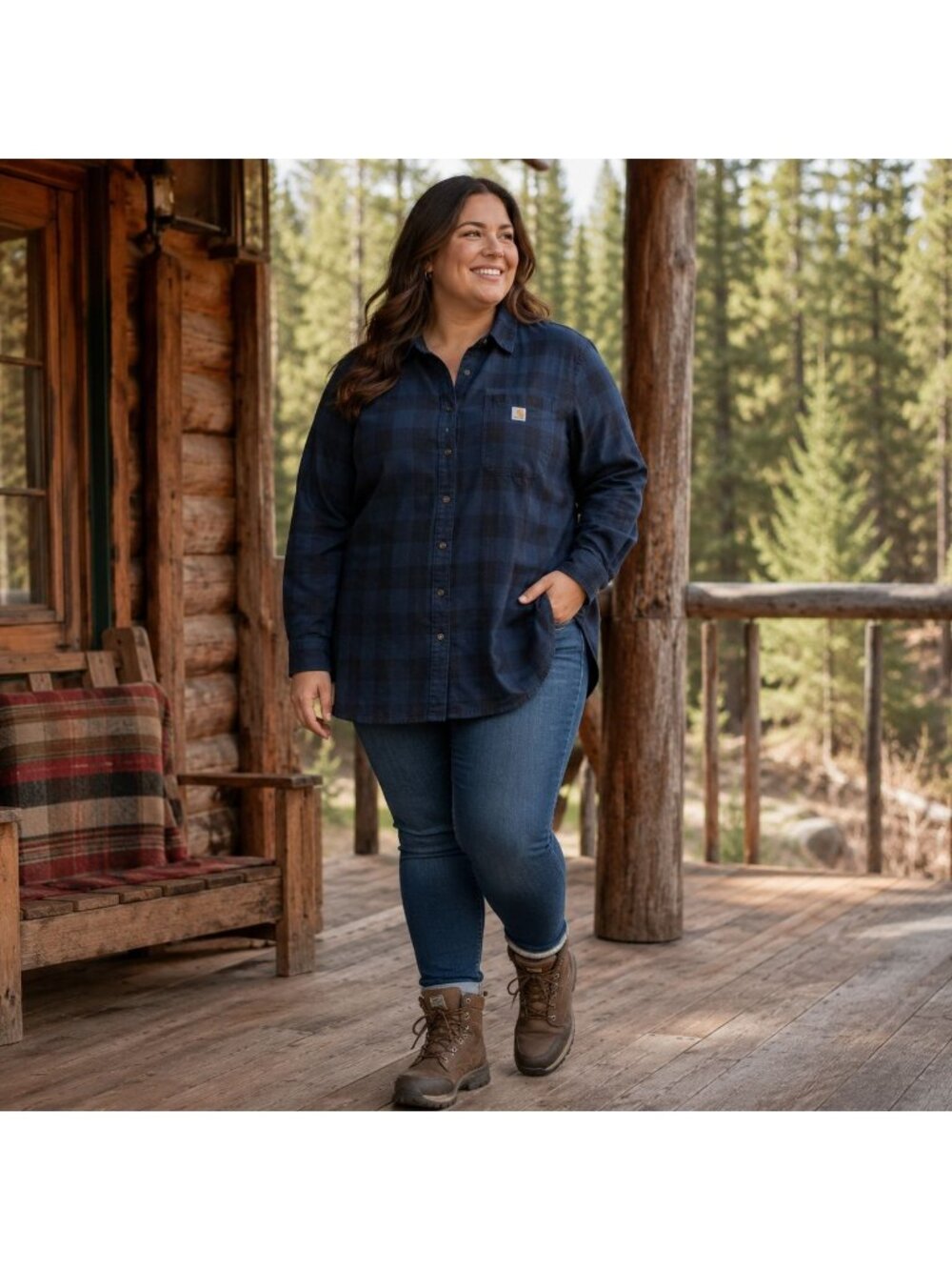 Carhartt Rugged Flex Women’s Flannel Tunic Button Up Shirt Blue Plaid Size XXL